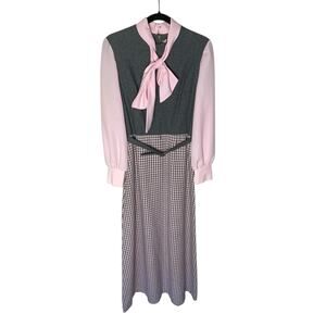 70s Melissa Lane Pink Grey Secretary Bow Wool Blend Plaid Maxi Dress Size 12